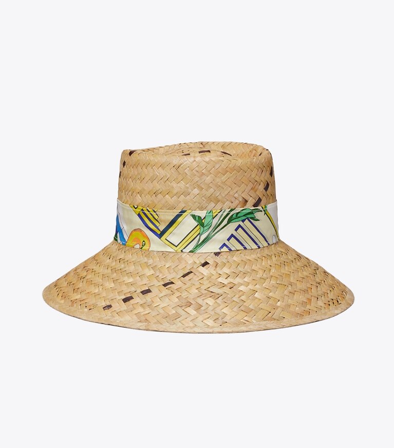 Tory Burch diseñador sombreros Sombrero de paja con cinta en Natural / The Pool Blue frente