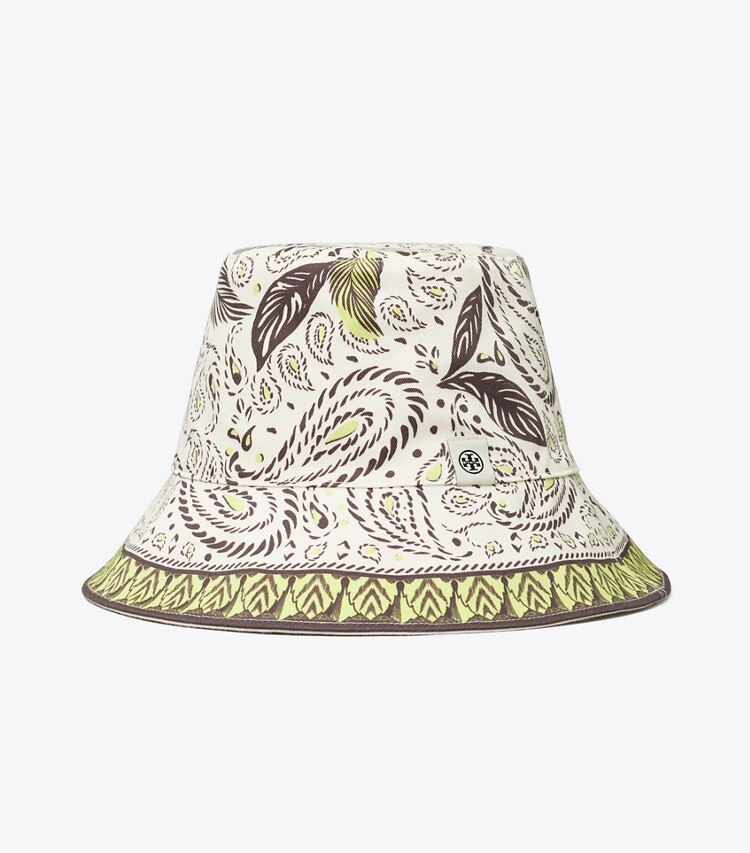 Tory Burch diseñador sombreros Sombrero de pescador con estampado de cacatúa en Mint Cockatoo frente