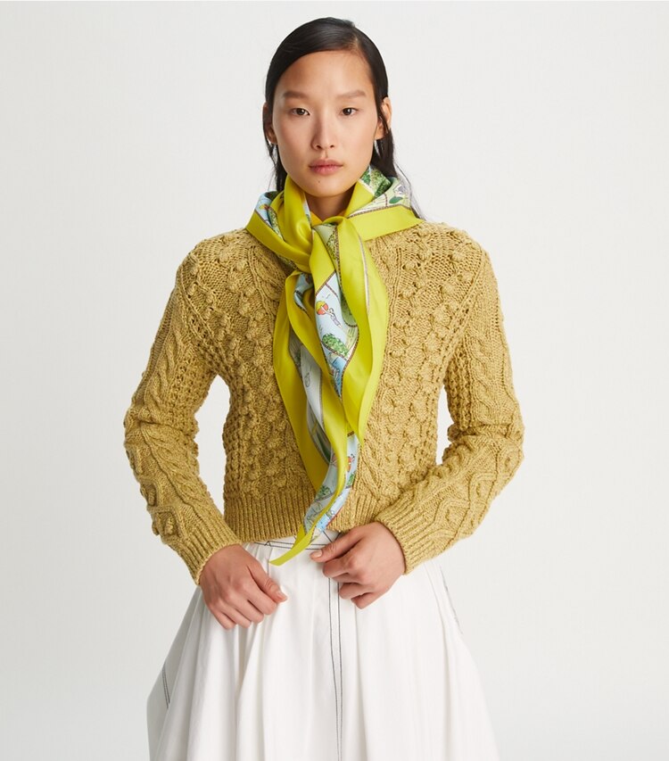 Tory Burch designer scarves Souvenir Silk Square Scarf in Acid Lemon accessory on model