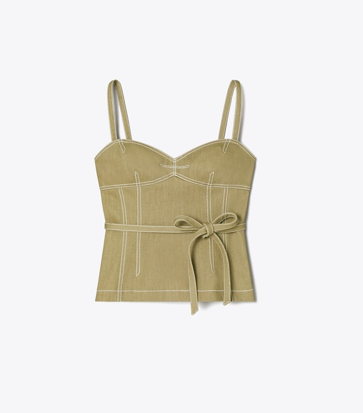 Tory Burch designer tops Spaghetti Strap Cotton Twill Top in Stone Moss front