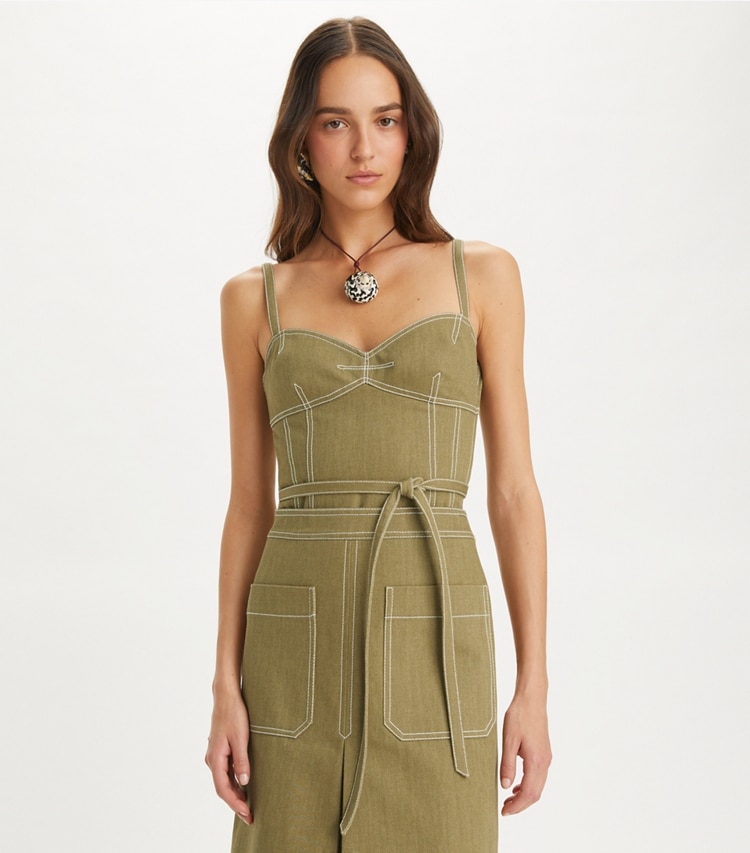 Tory Burch designer tops Spaghetti Strap Cotton Twill Top in Stone Moss on model detail