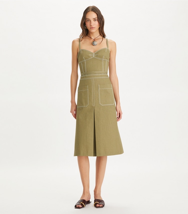 Tory Burch designer tops Spaghetti Strap Cotton Twill Top in Stone Moss on model front