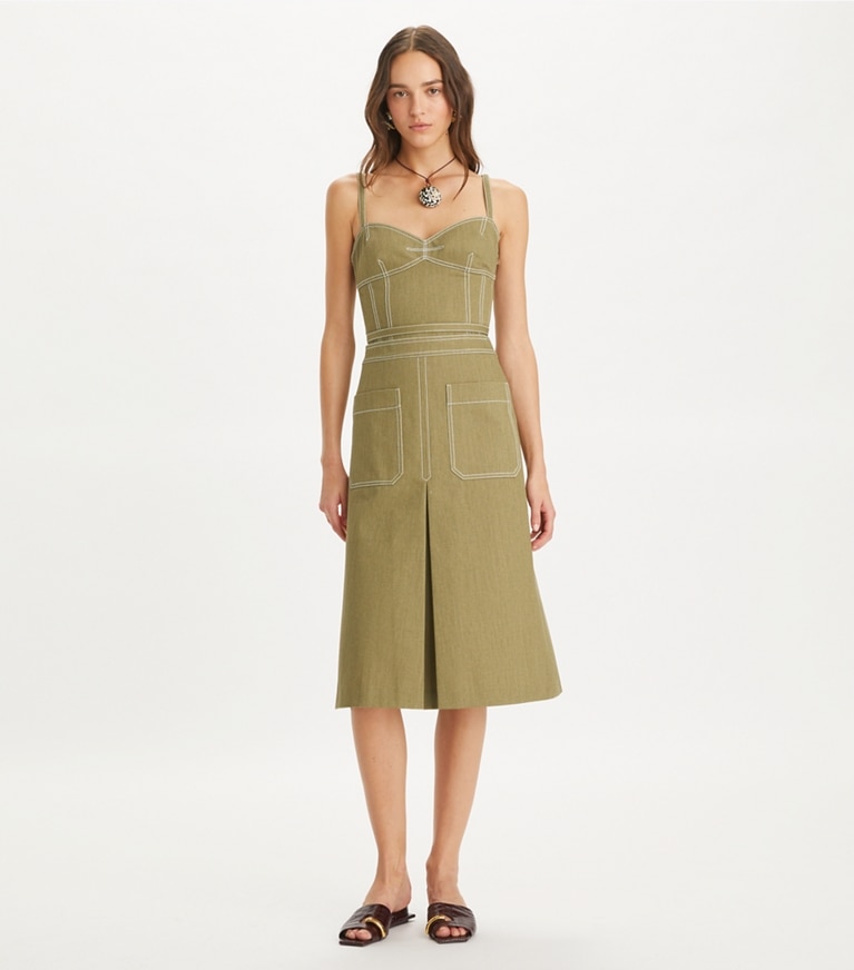 Tory Burch designer tops Spaghetti Strap Cotton Twill Top in Stone Moss front