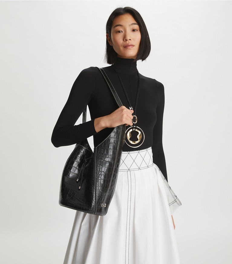 Tory Burch designer hobo bags Spaghetti Strap Embossed Bucket Bag in Black angle