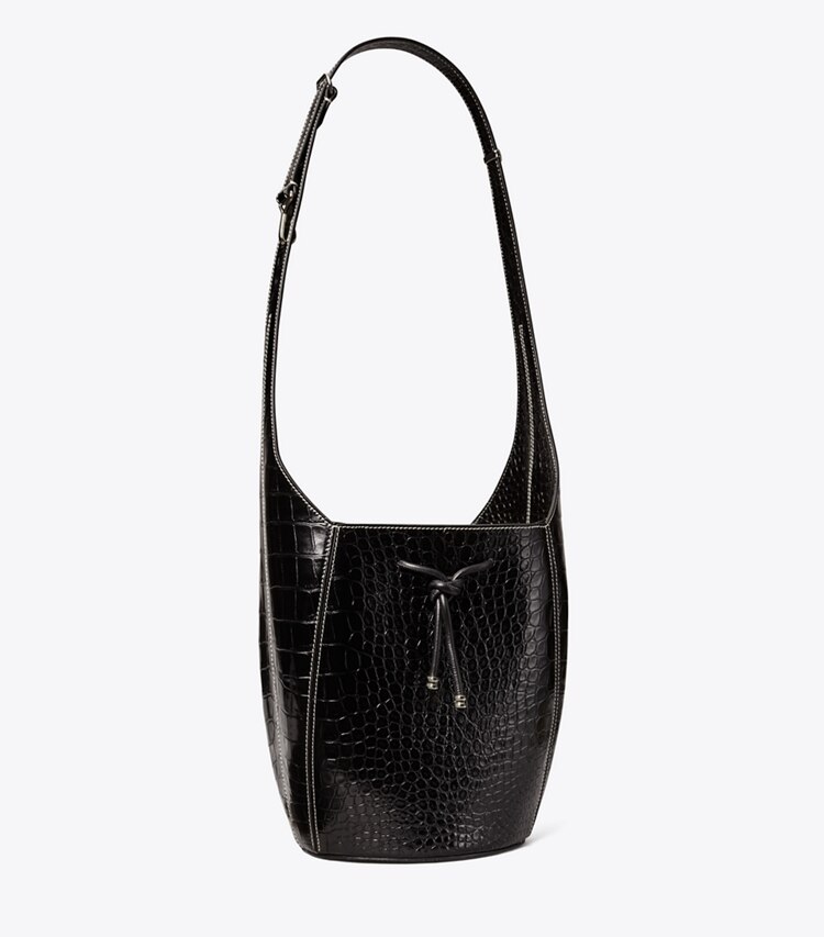 Tory Burch designer hobo bags Spaghetti Strap Embossed Bucket Bag in Black angle
