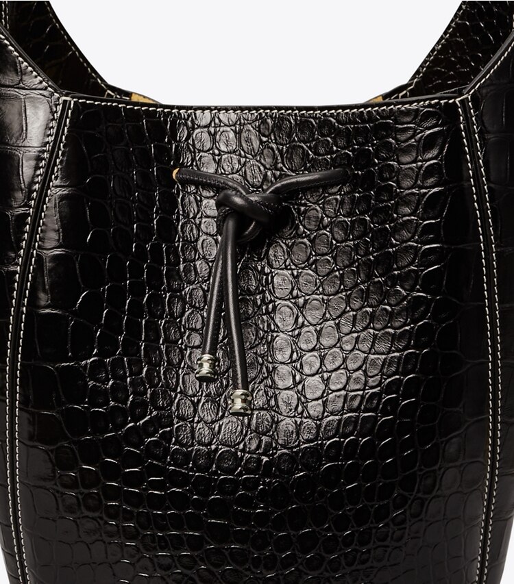 Tory Burch designer hobo bags Spaghetti Strap Embossed Bucket Bag in Black detail
