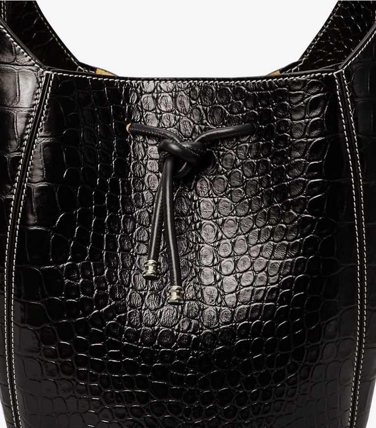 Tory Burch designer hobo bags Spaghetti Strap Embossed Bucket Bag in Black angle