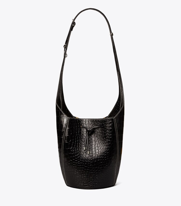Tory Burch designer hobo bags Spaghetti Strap Embossed Bucket Bag in Black front