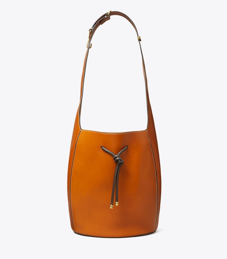 Tory Burch designer hobo bags Spaghetti Strap Large Bucket Bag in BOURBON front