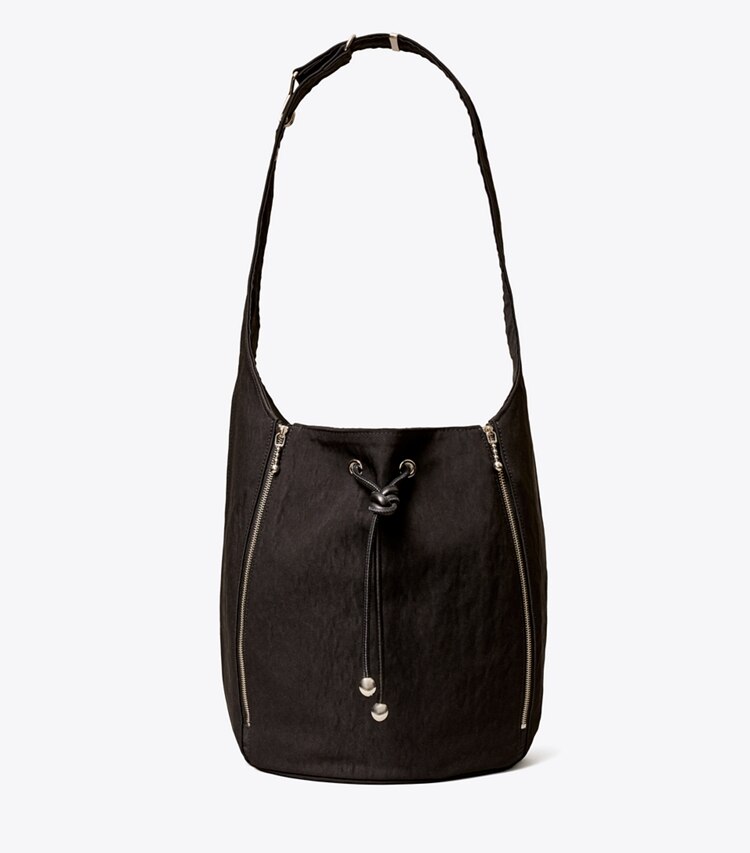 Tory Burch designer crossbody bags Spaghetti Strap Large Zip Bucket Bag in Black / Summer Yuzu front