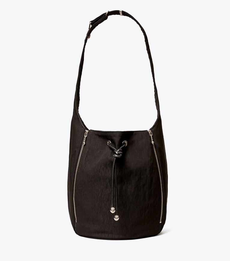 Tory Burch designer crossbody bags Spaghetti Strap Large Zip Bucket Bag in Black / Summer Yuzu angle