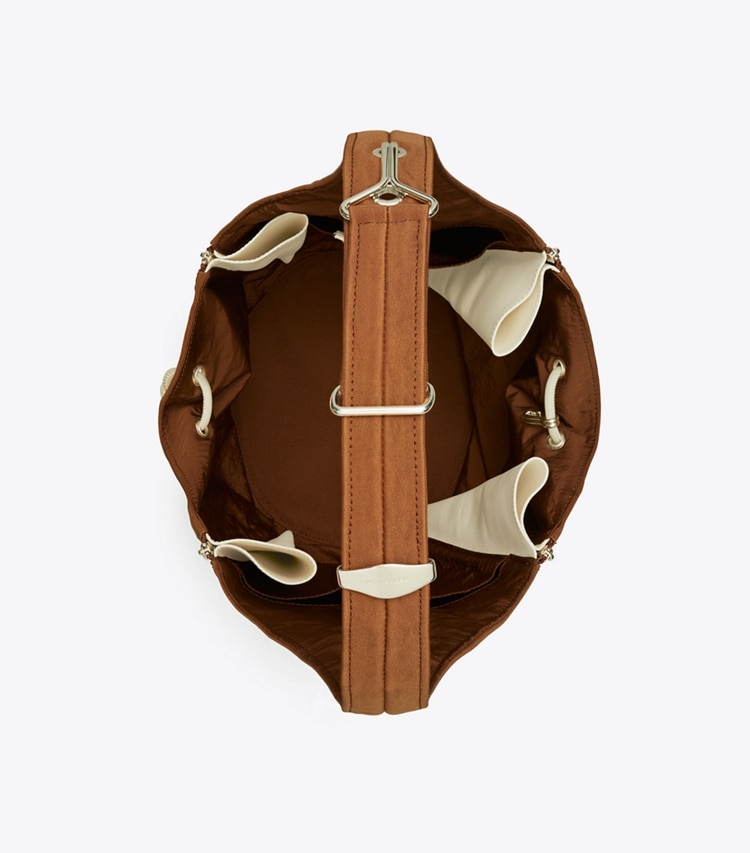 Tory Burch designer crossbody bags Spaghetti Strap Large Zip Bucket Bag in BOURBON VANILLA / French Cream overhead