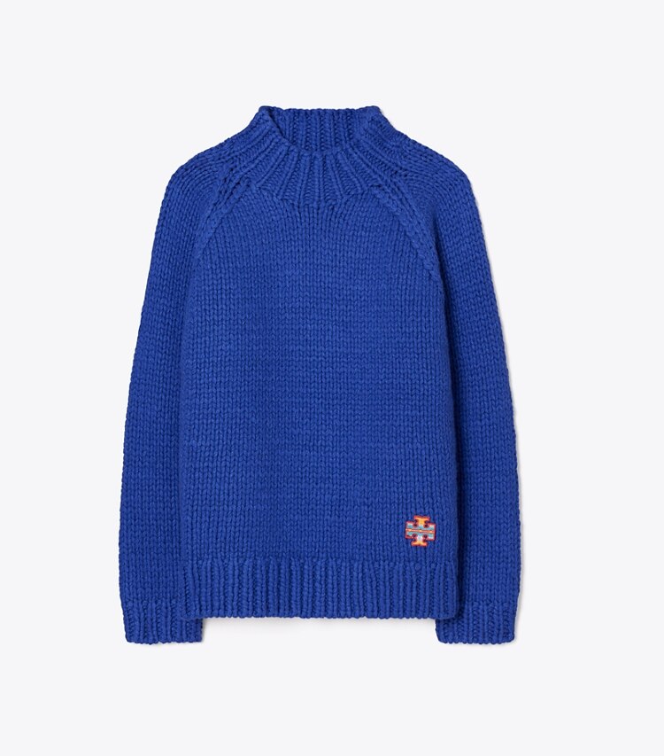 Tory Sport designer sweaters Speckled Hand Knit Mockneck Sweater in Slalom Blue front