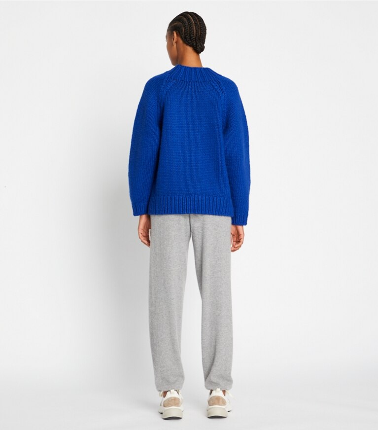 Tory Sport designer sweaters Speckled Hand Knit Mockneck Sweater in Slalom Blue front