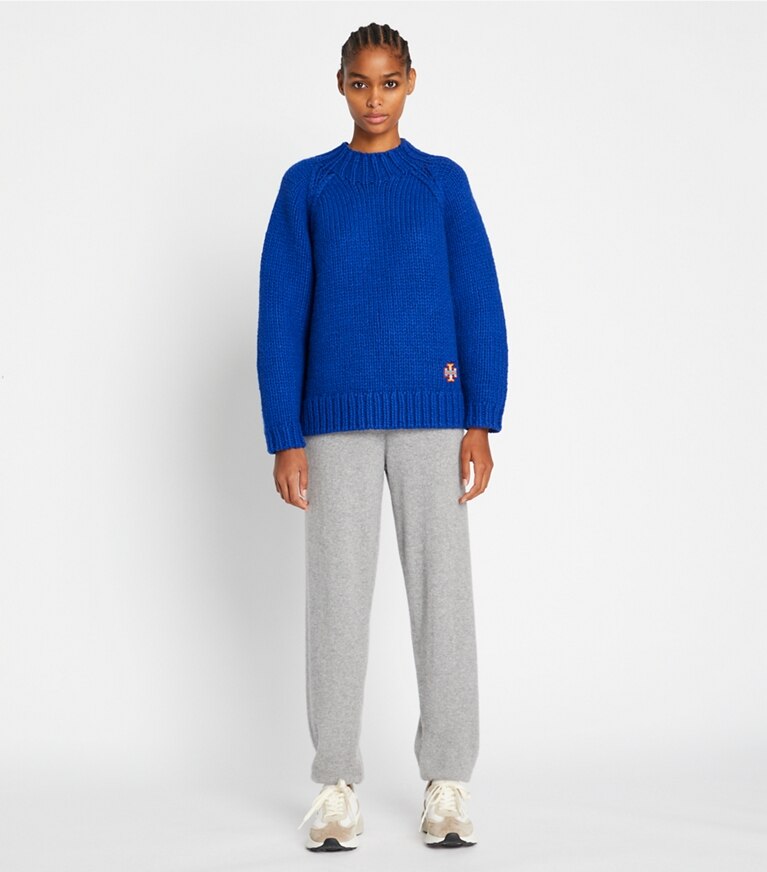 Tory Sport designer sweaters Speckled Hand Knit Mockneck Sweater in Slalom Blue front