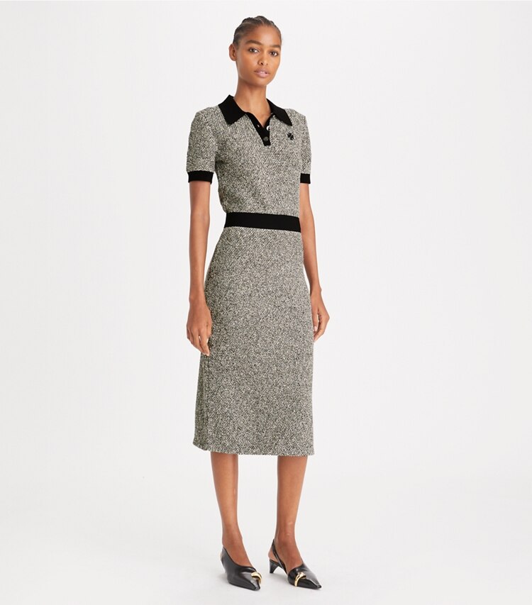 Tory Burch designer sweaters Speckled Knit Polo in Speckled Black on model front