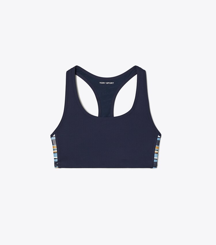 Tory Sport designer sports bras Spectrum Side-Stripe Mesh-Back Bra in Tory Navy / Ridge front