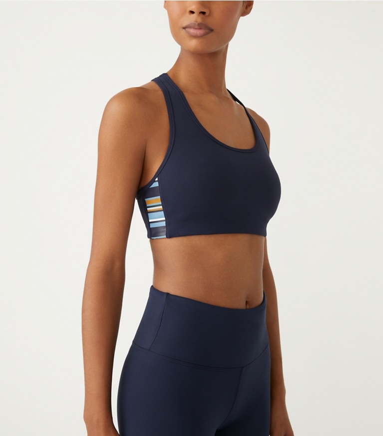 Tory Sport designer sports bras Spectrum Side-Stripe Mesh-Back Bra in Tory Navy / Ridge front
