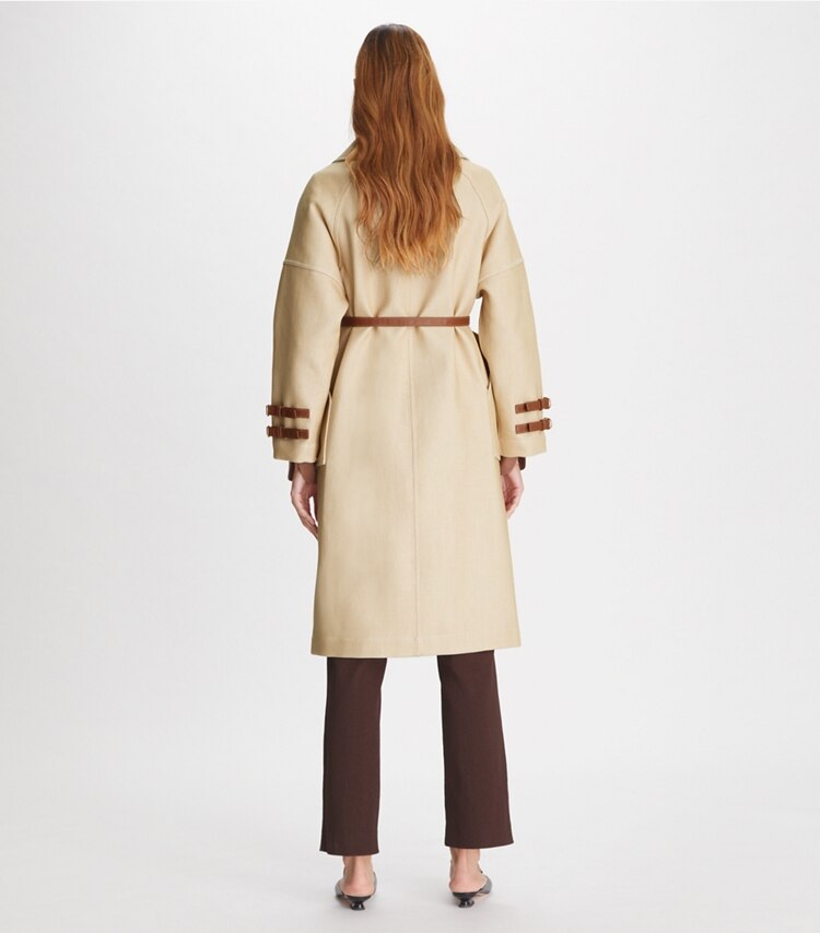 Tory Burch designer coats Splittable Cotton Coat in Yellow / White on model back
