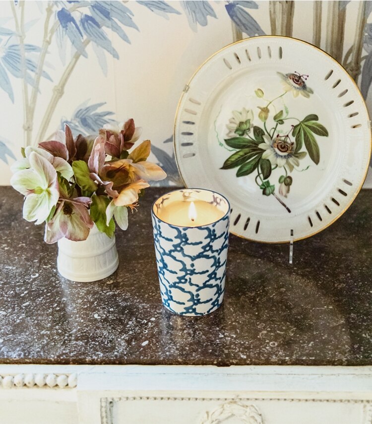 Tory Burch designer candles Spongeware Candle in Blue editorial