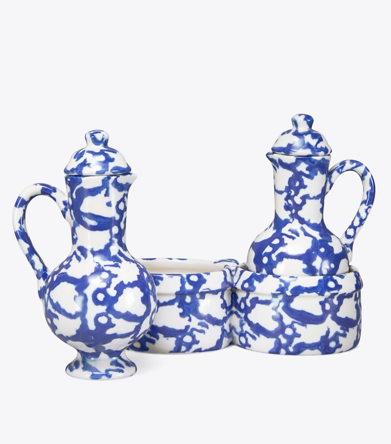 Tory Burch designer tabletop & drinkware Spongeware Oil & Vinegar Set in Smoke front