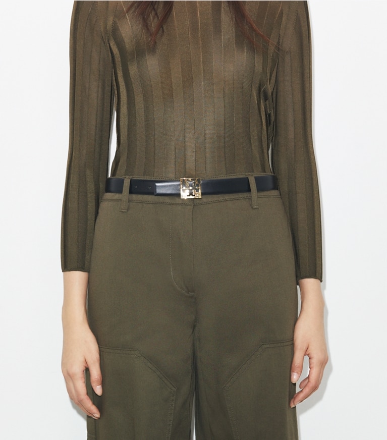 Tory Burch designer belts Square Logo Belt in TORY RED / Aged Tan front