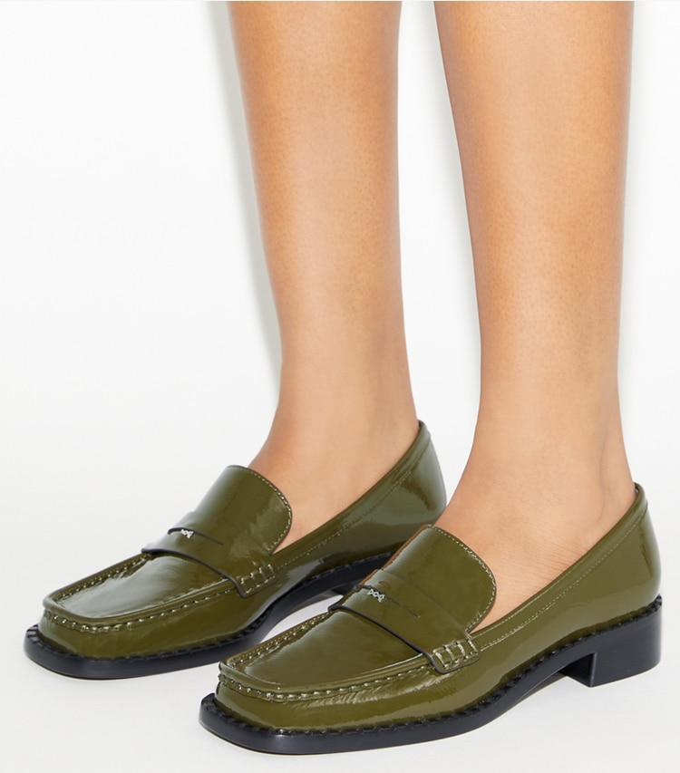 Tory Burch designer flats Square-Toe Loafer in GREEN VERNICE accessory on model