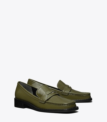 Tory Burch designer flats Square-Toe Loafer in GREEN VERNICE angle