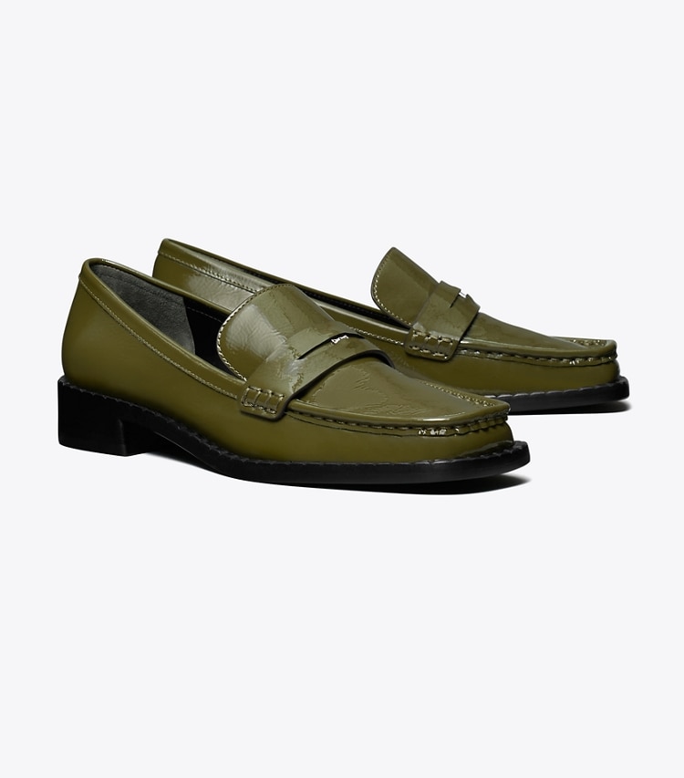Tory Burch designer flats Square-Toe Loafer in GREEN VERNICE angle