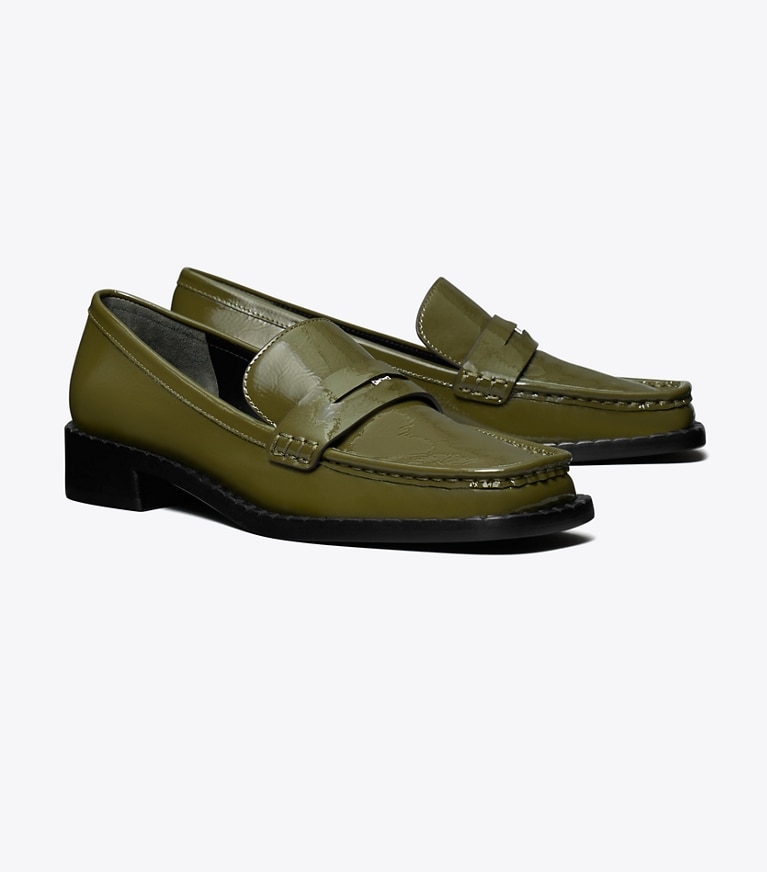 Tory Burch designer flats Square-Toe Loafer in GREEN VERNICE angle