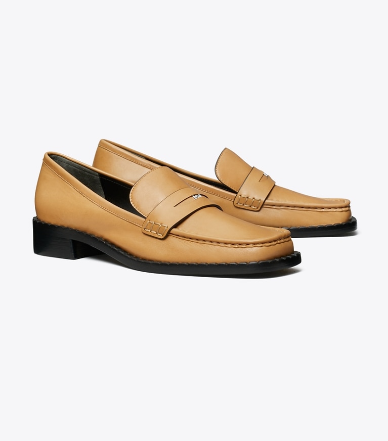 Tory Burch designer flats Square-Toe Loafer in HONEYCOMB TAN angle