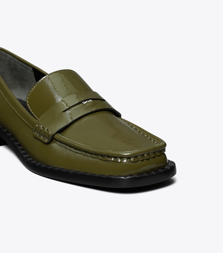 Tory Burch designer flats Square-Toe Loafer in GREEN VERNICE angle