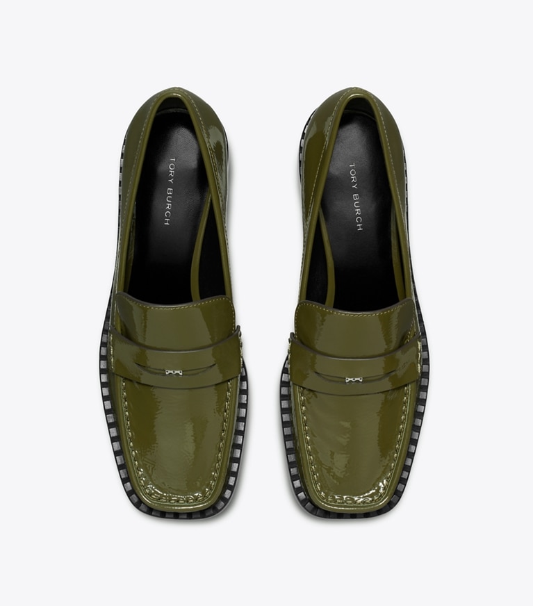 Tory Burch designer flats Square-Toe Loafer in GREEN VERNICE angle