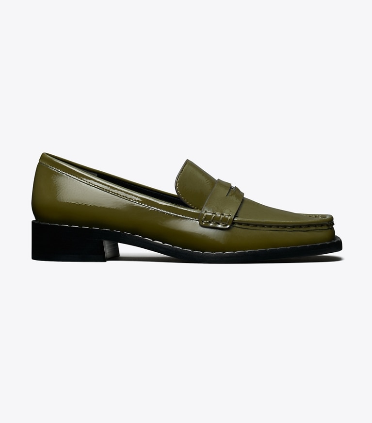 Tory Burch designer flats Square-Toe Loafer in GREEN VERNICE angle