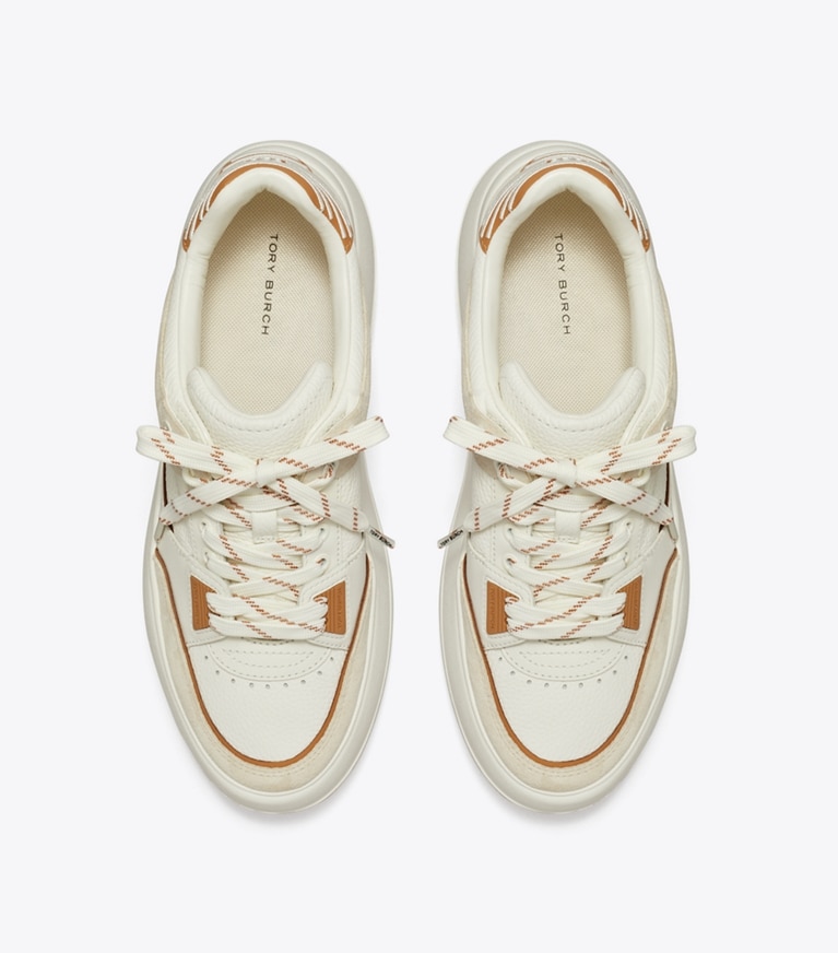 Tory Burch designer sneakers Stage Sneaker in BLANC / PRALINE / TOASTED SOUFFLE angle
