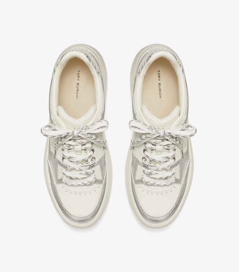 Tory Burch designer sneakers Stage Sneaker in BLANC / SILVER / BLANC angle