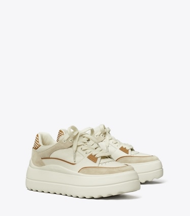 Tory Burch designer sneakers Stage Sneaker in BLANC / PRALINE / TOASTED SOUFFLE angle
