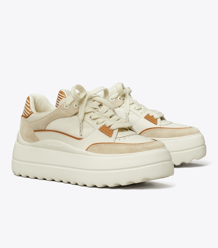 Tory Burch designer sneakers Stage Sneaker in BLANC / PRALINE / TOASTED SOUFFLE angle