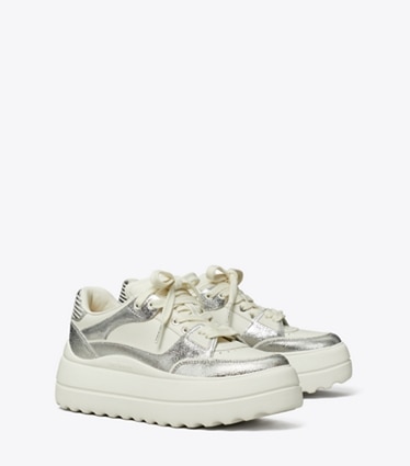 Tory Burch designer sneakers Stage Sneaker in BLANC / SILVER / BLANC angle