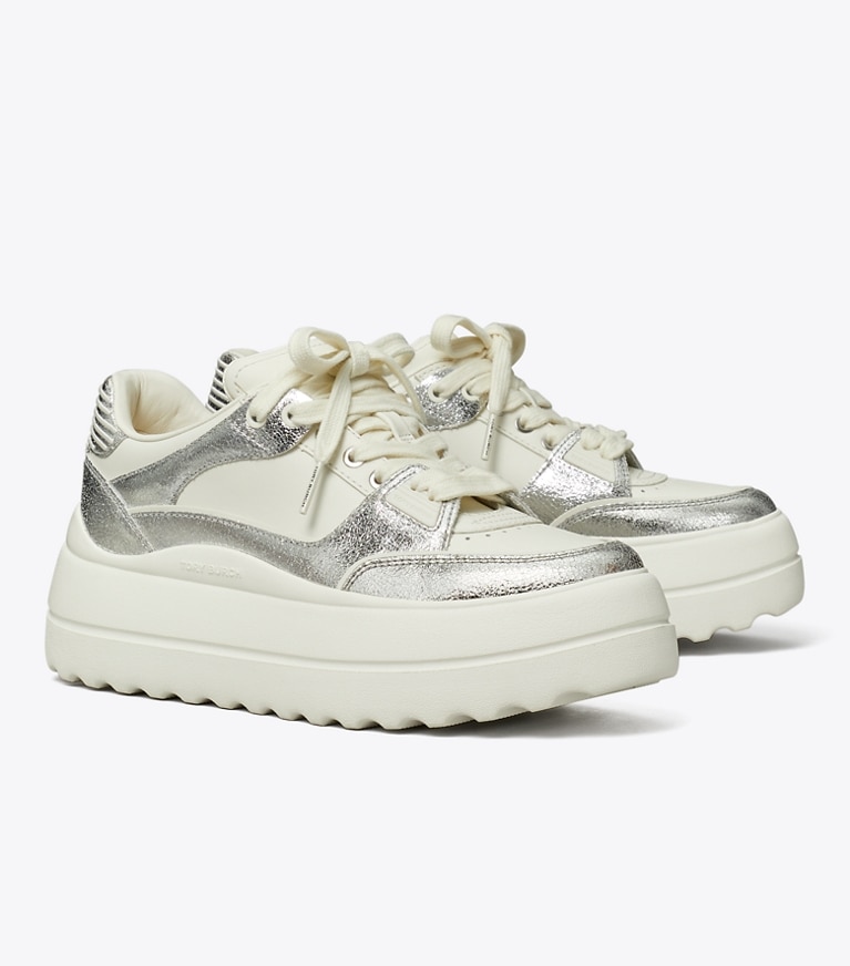 Tory Burch designer sneakers Stage Sneaker in BLANC / SILVER / BLANC angle