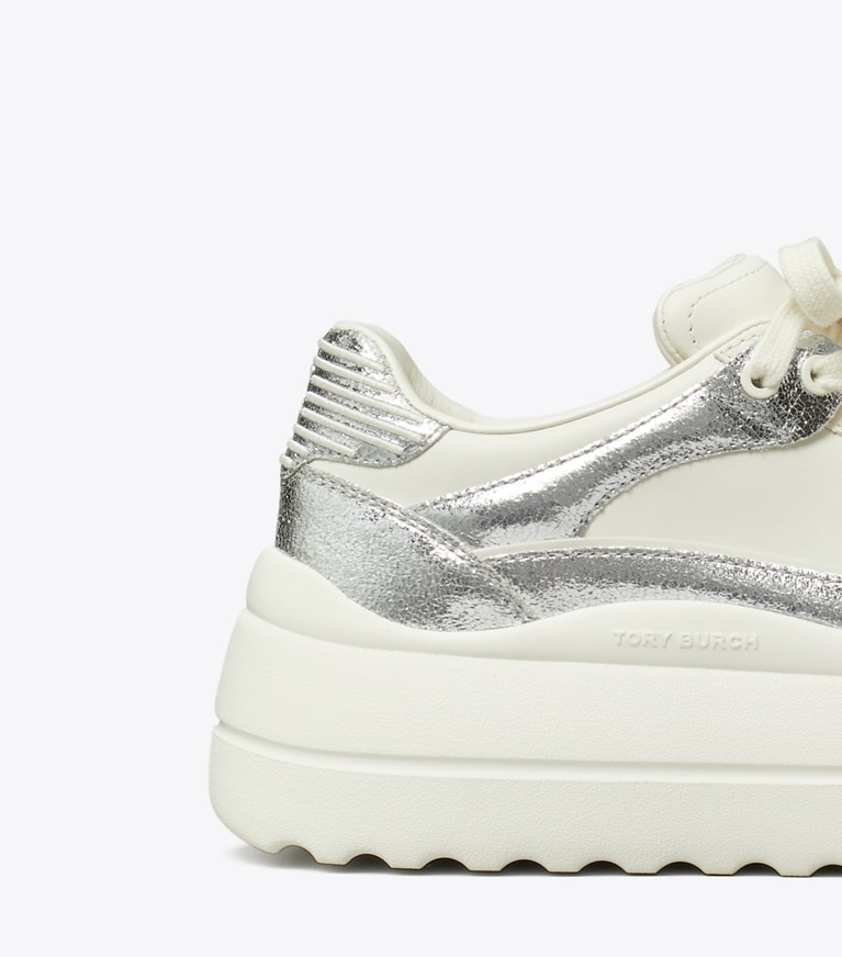 Tory Burch designer sneakers Stage Sneaker in BLANC / SILVER / BLANC angle