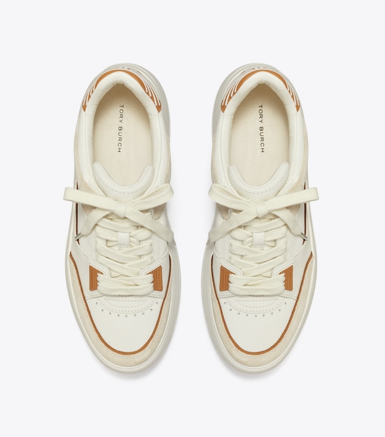 Tory Burch designer sneakers Stage Sneaker in BLANC / PRALINE / TOASTED SOUFFLE overhead