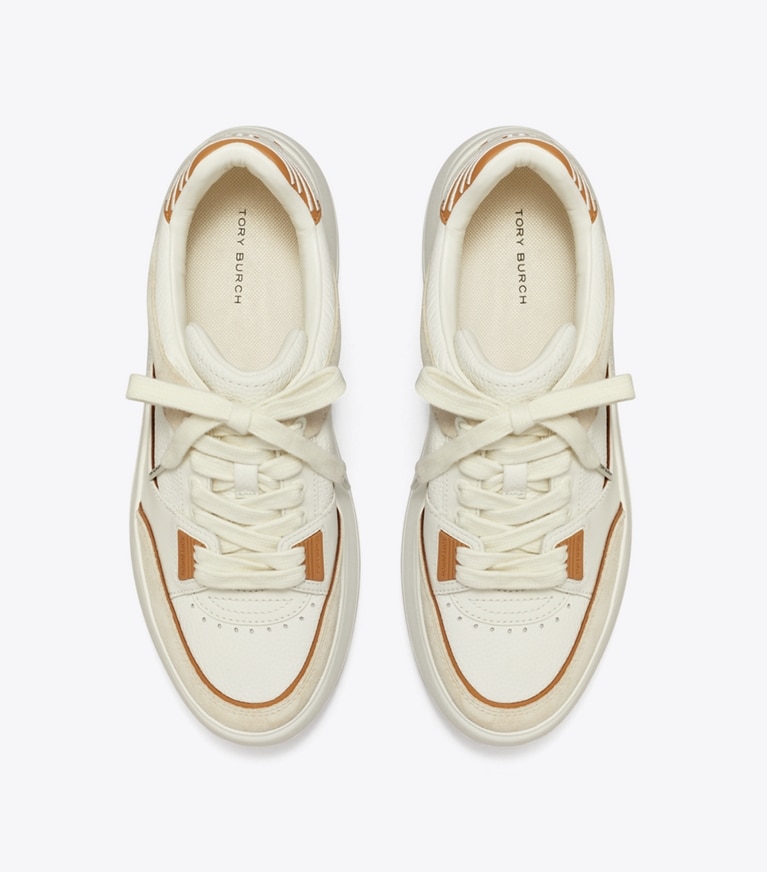 Tory Burch designer sneakers Stage Sneaker in BLANC / PRALINE / TOASTED SOUFFLE angle