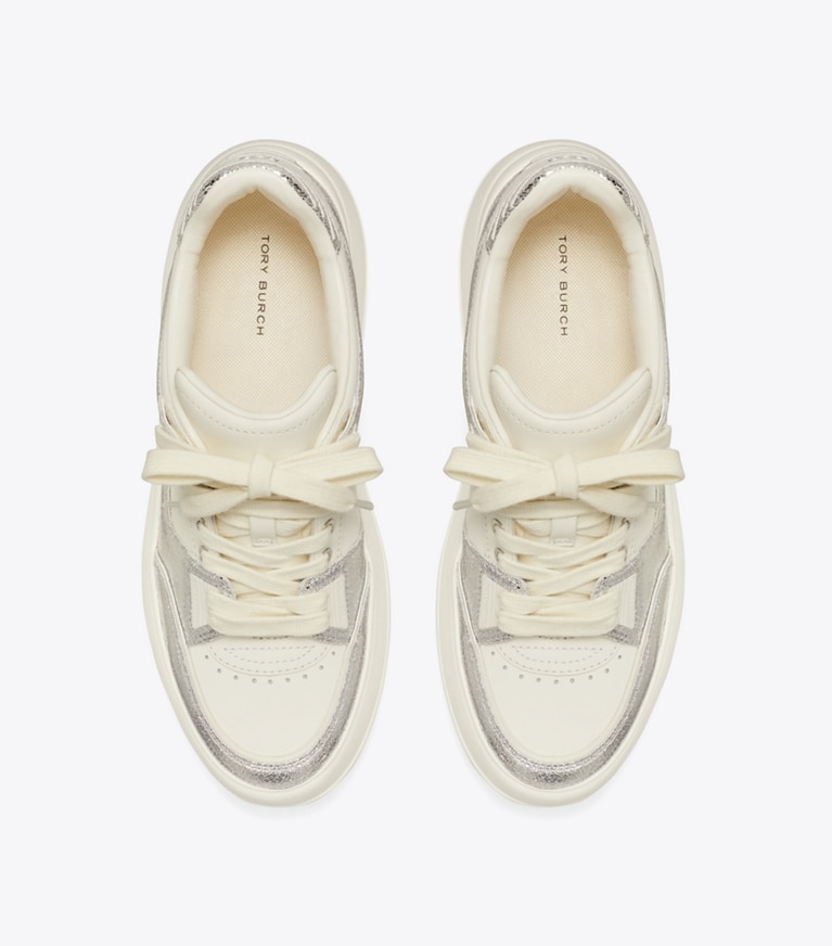 Tory Burch designer sneakers Stage Sneaker in BLANC / SILVER / BLANC angle