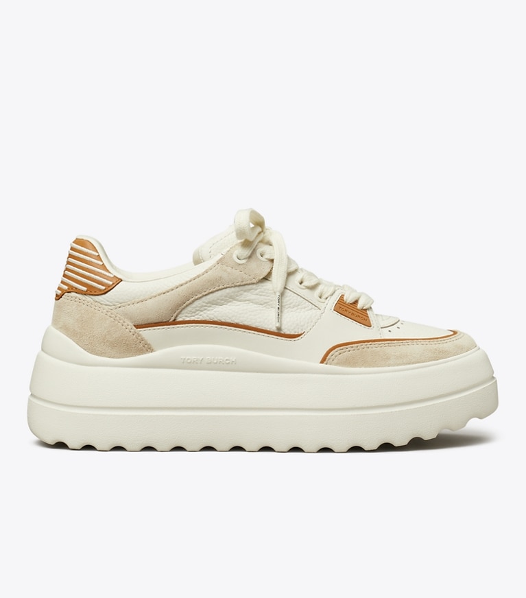 Tory Burch designer sneakers Stage Sneaker in BLANC / PRALINE / TOASTED SOUFFLE angle