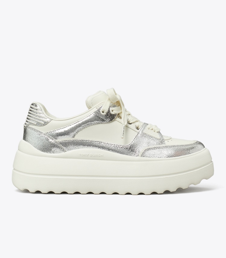 Tory Burch designer sneakers Stage Sneaker in BLANC / SILVER / BLANC side