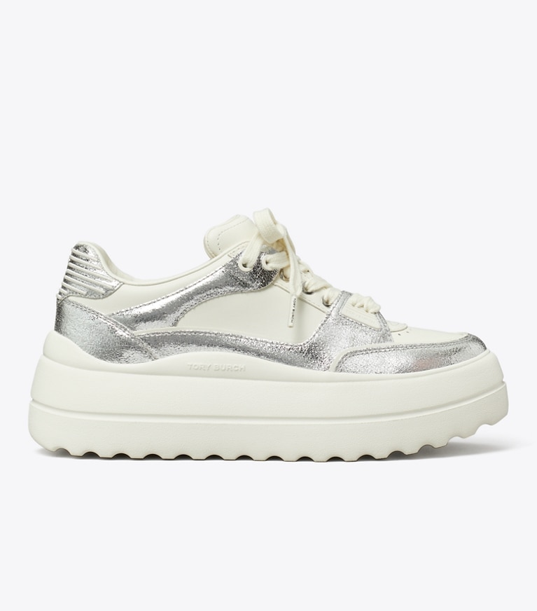Tory Burch designer sneakers Stage Sneaker in BLANC / SILVER / BLANC angle