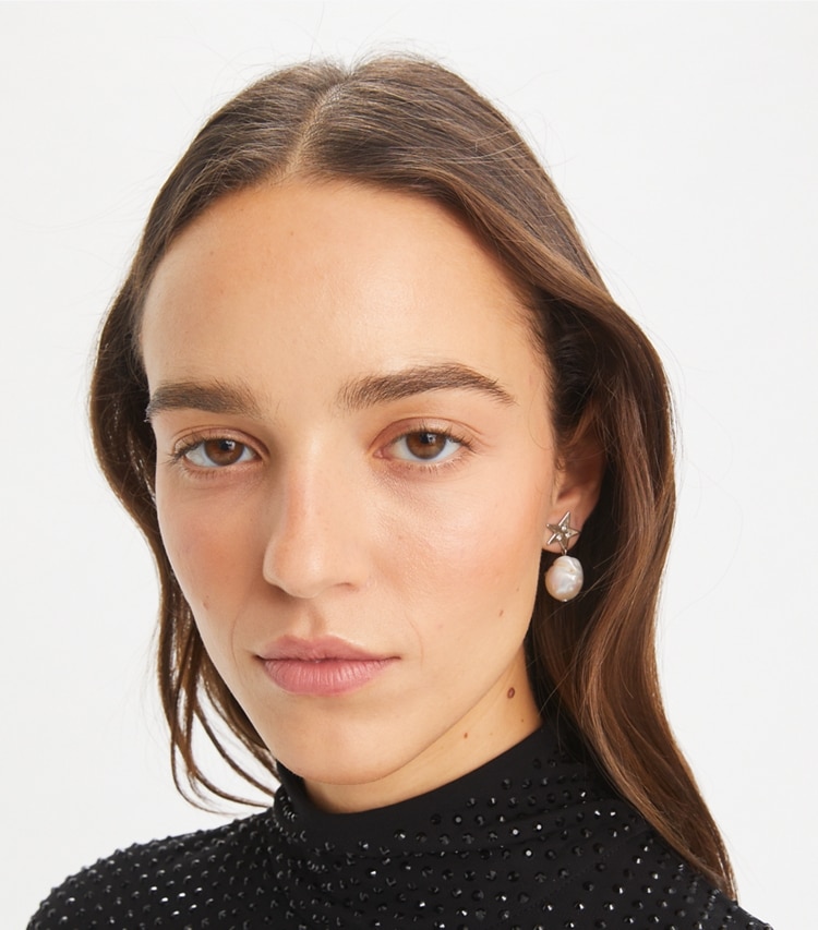Tory Burch designer earrings Star Pearl Drop Earring in Tory Silver / Pearl / Crystal accessory on model