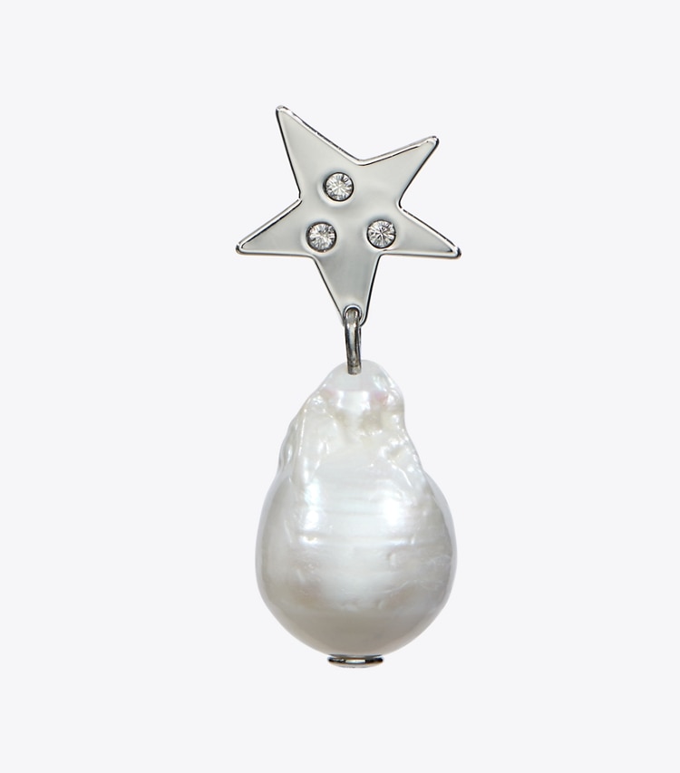 Tory Burch designer earrings Star Pearl Drop Earring in Tory Silver / Pearl / Crystal detail