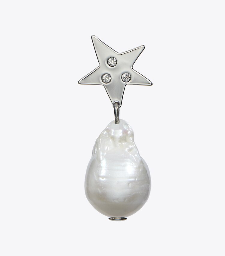 Tory Burch designer earrings Star Pearl Drop Earrings in Tory Silver / Pearl / Crystal detail